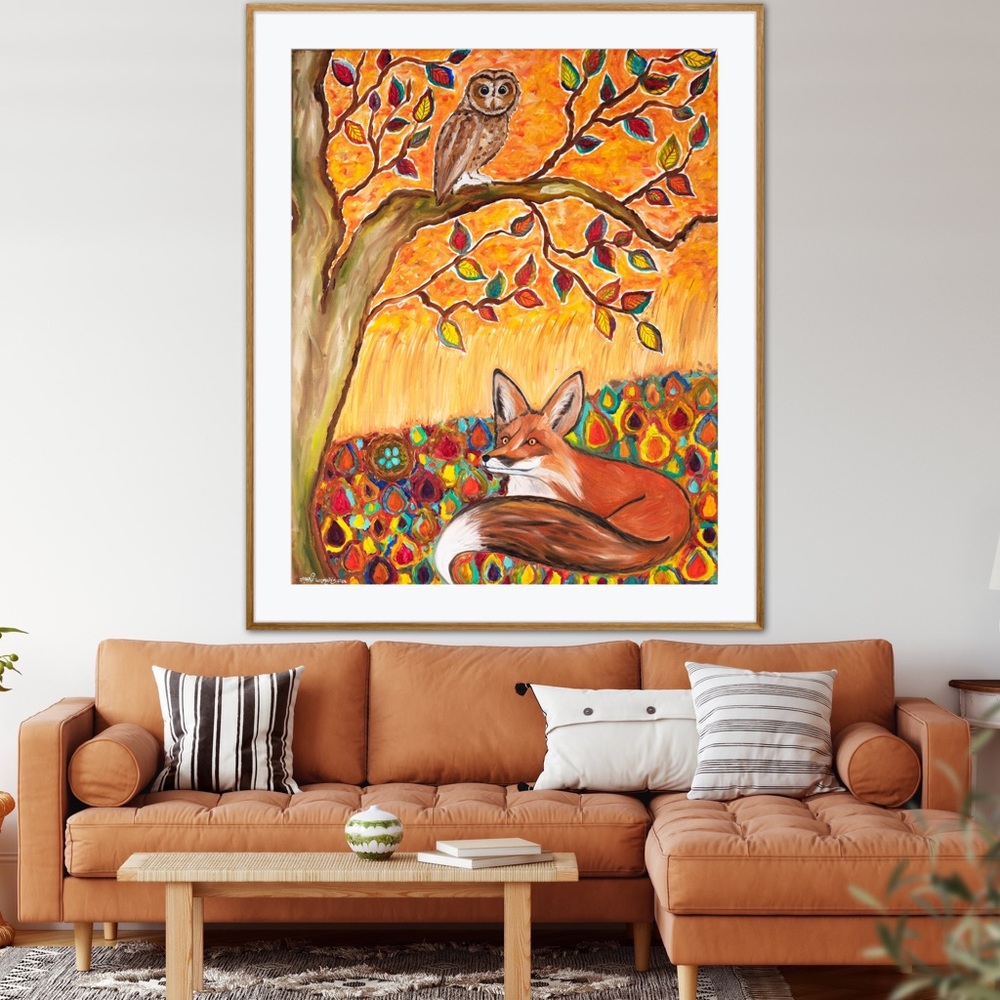 Fox Owl Autumn Ambience Art Print Oil Painting fall leaves tree animal whimsical - Picture 3 of 10